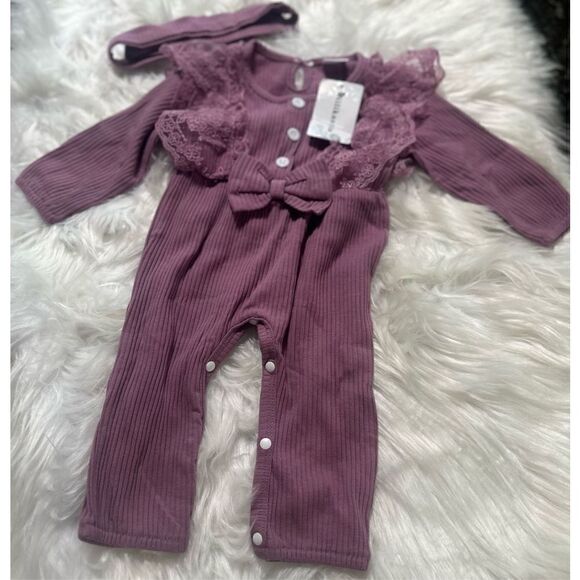 Newborn Infant purple size 0/3 mos Girl Ruffle Long Sleeve Romper Jumpsuit Bowkn - Picture 8 of 10